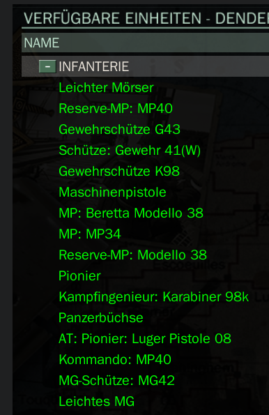 Ausschnitt des Spawnpools einer Brigade. Beim Herunterscrollen findet man weitere Einheiten.