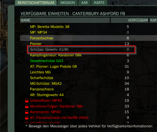 Ansicht Spawnliste einer verbrauchten Einheit (in grau hinterlegt)